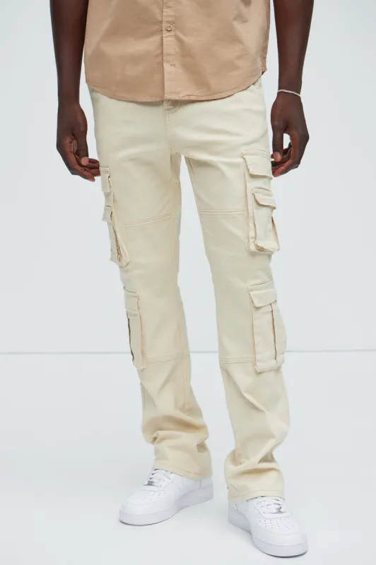 Landon Stacked Skinny Flare Cargo Pants - Cream sold by Fashion Nova