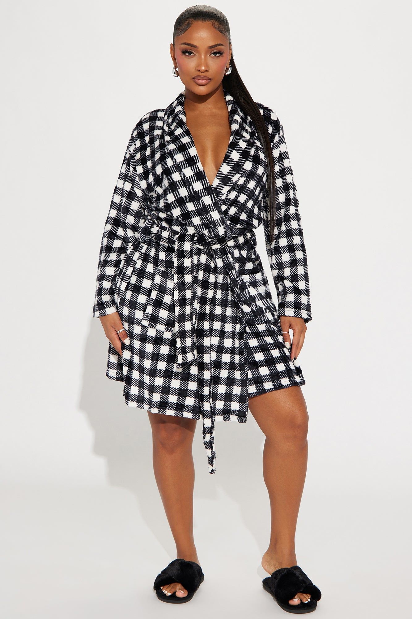Cozied Up With You PJ Plush Robe - Black/combo sold by Fashion Nova