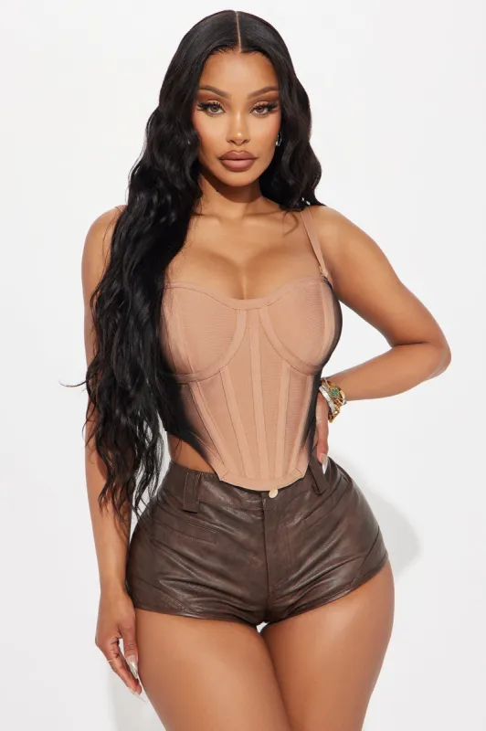 Aria Bandage Corset Top - Brown/combo sold by Fashion Nova