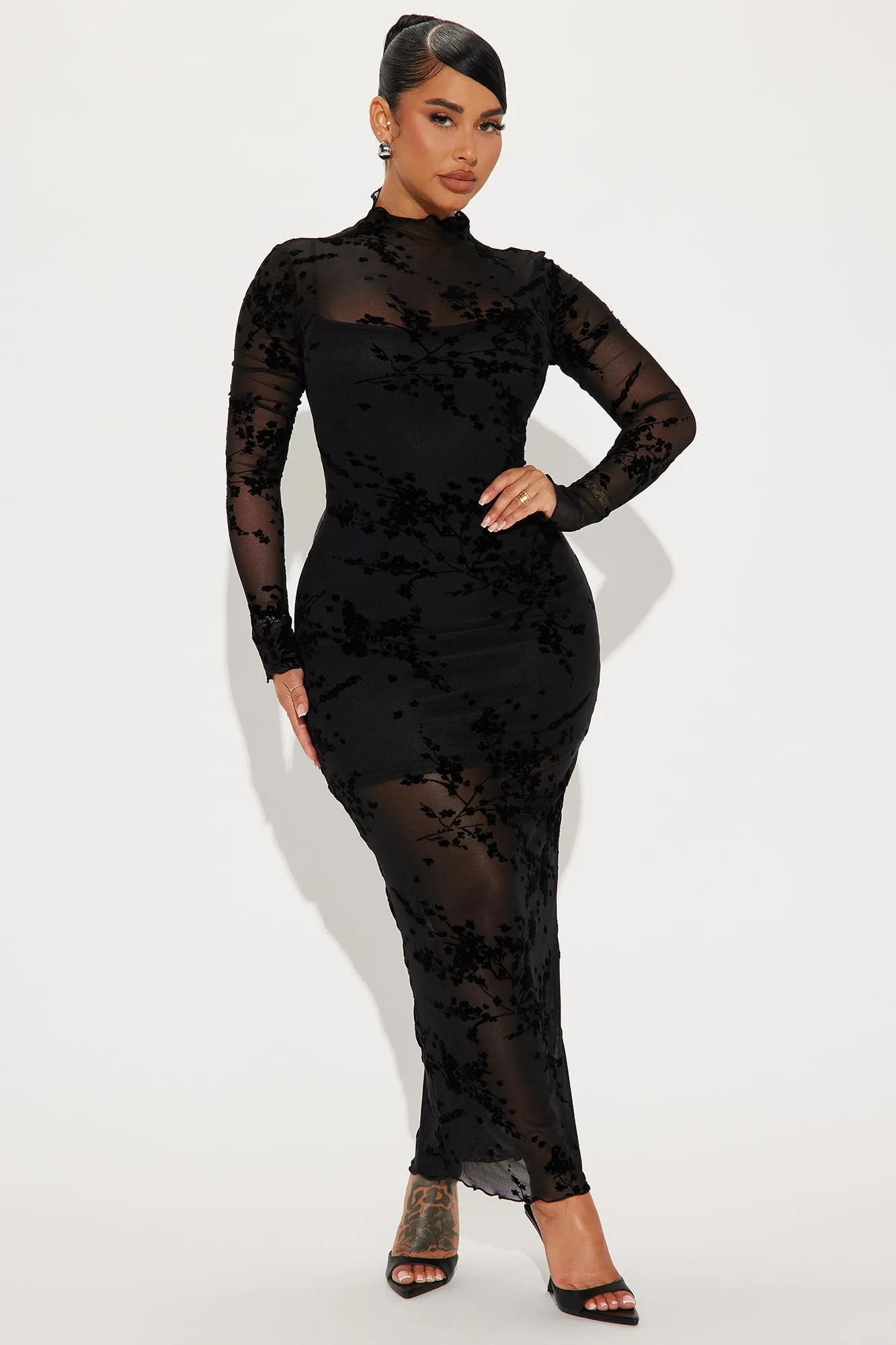 In Full Bloom Mesh Maxi Dress - Black sold by Fashion Nova