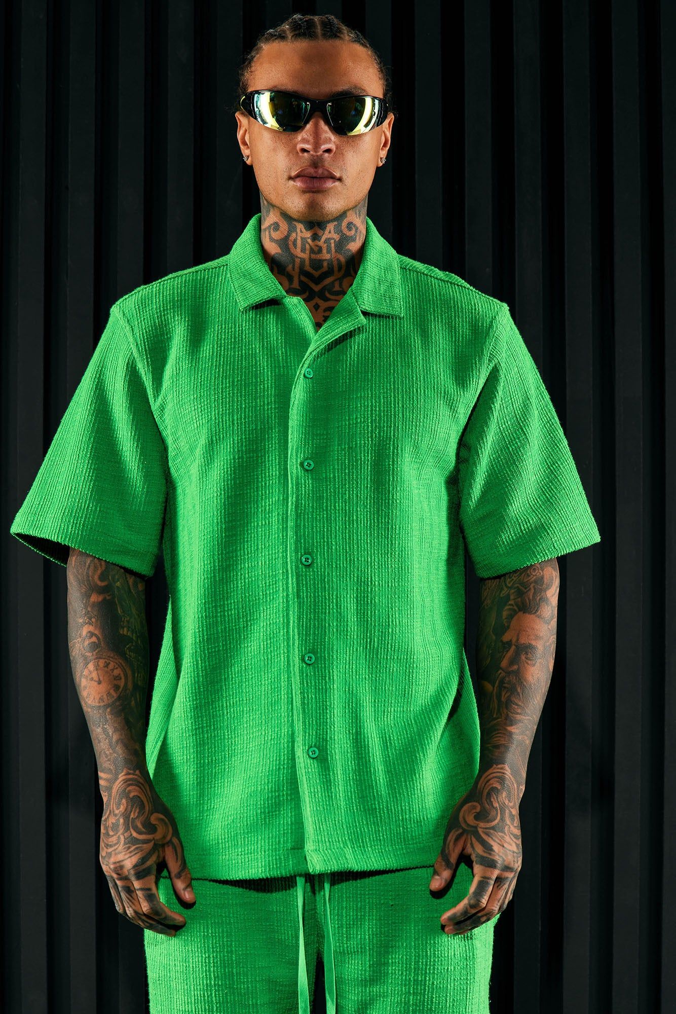 Dean Textured Short Sleeve Button Up Shirt - Green sold by Fashion Nova