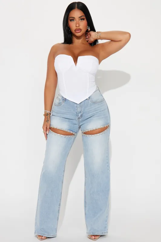 You Belong With Me Stretch Embellished Straight Leg Jeans - Light Wash sold by Fashion Nova