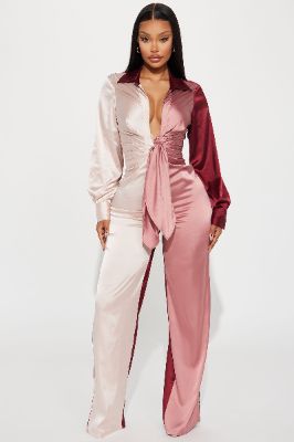 Beauty In A Bottle Satin Jumpsuit - Burgundy/combo sold by Fashion Nova