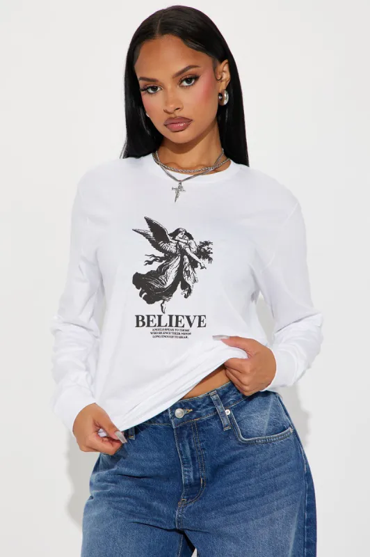 Just Believe Long Sleeve Tee - White/combo sold by Fashion Nova