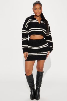 Making Plans Sweater Mini Skirt Set - Black/White sold by Fashion Nova