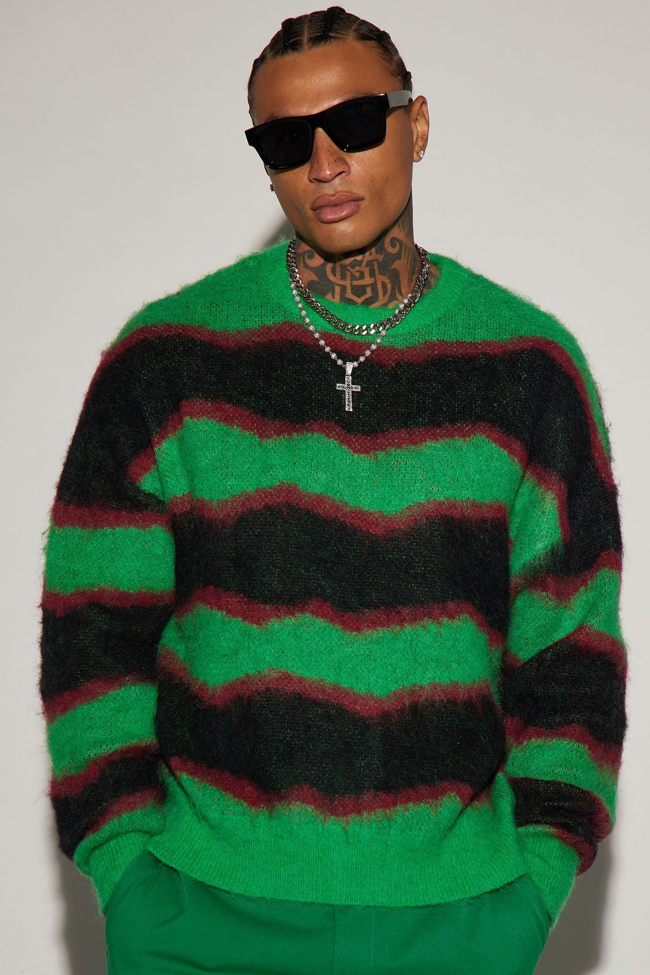 Uneven Lines Fuzzy Crewneck Sweater - Green/combo sold by Fashion Nova