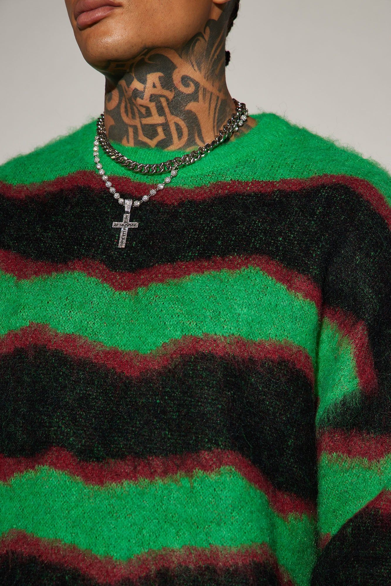 Uneven Lines Fuzzy Crewneck Sweater - Green/combo sold by Fashion Nova product image thumbnail 3