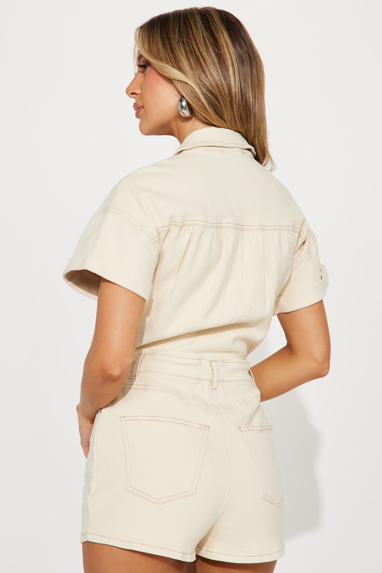 Talk To Me Denim Romper - Khaki sold by Fashion Nova product image thumbnail 3