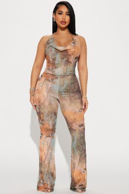Invite Me Over Mesh Jumpsuit - Orange/combo sold by Fashion Nova