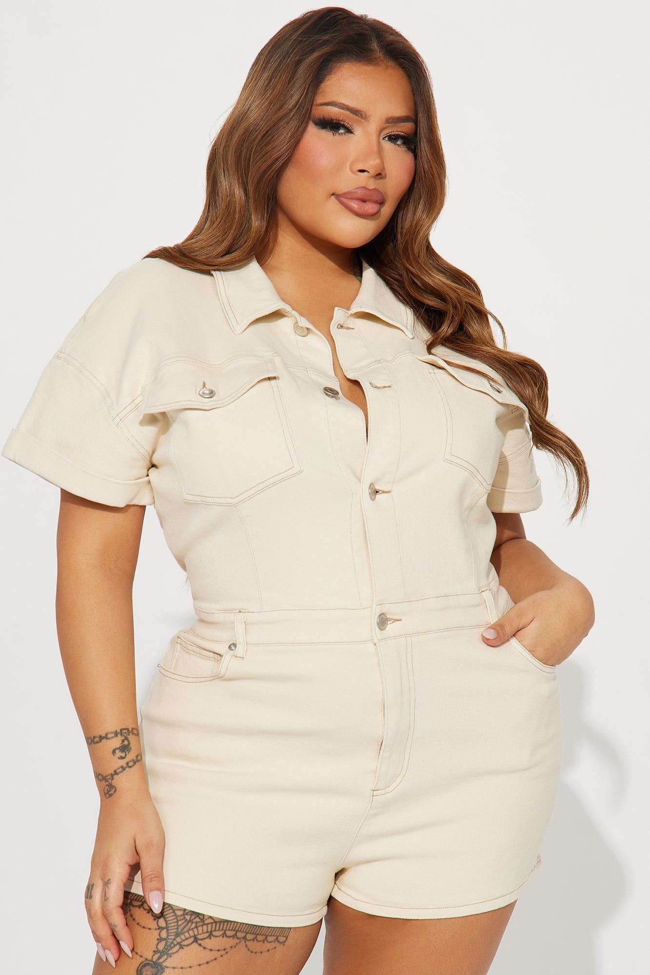 Talk To Me Denim Romper - Khaki sold by Fashion Nova product image thumbnail 4