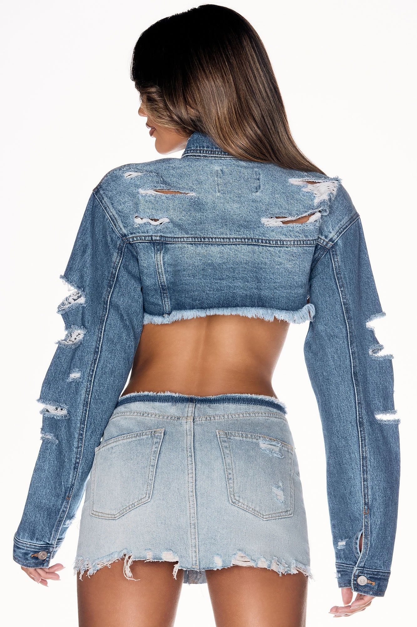 Area Code Cropped Ripped Denim Jacket - Medium Wash sold by Fashion Nova product image thumbnail 4