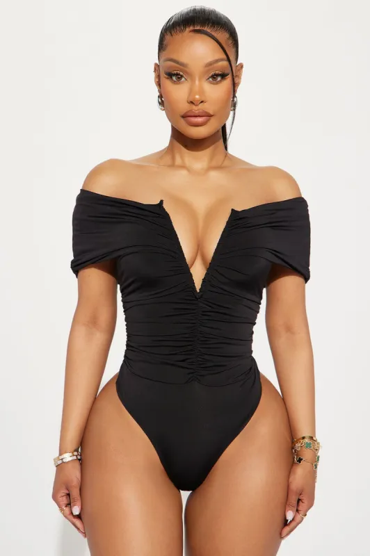 What You Wanted Ruched Bodysuit - Black sold by Fashion Nova