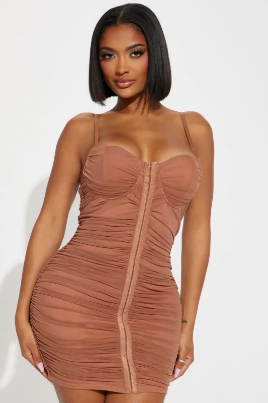Charlotte Ruched Mini Dress - Mocha sold by Fashion Nova