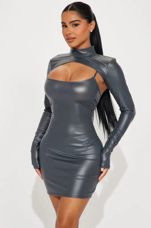 Leah Faux Leather Mini Dress Set - Gunmetal sold by Fashion Nova