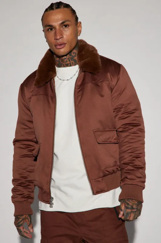 Faux Fur Collar Aviator Bomber Jacket - Brown sold by Fashion Nova