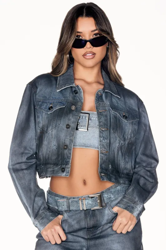 Kensington Crop Denim Jacket - Blue/Black sold by Fashion Nova