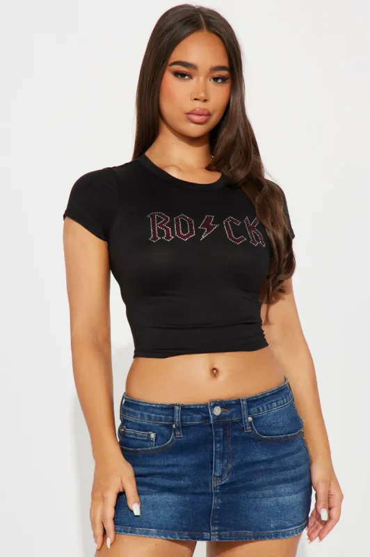 Rock Your World Rhinestone Tee - Black sold by Fashion Nova
