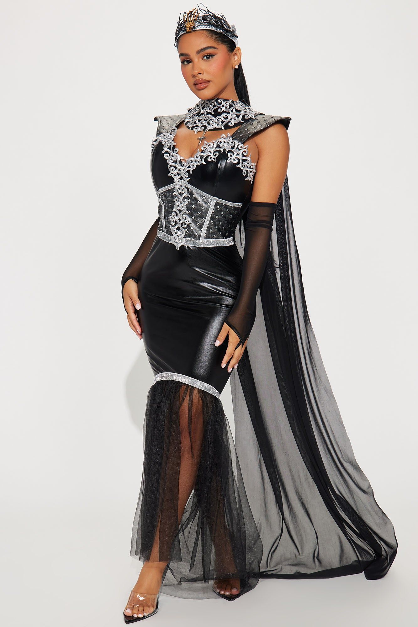 Queen Of Darkness 4 Piece Costume Set - Black/Silver sold by Fashion Nova