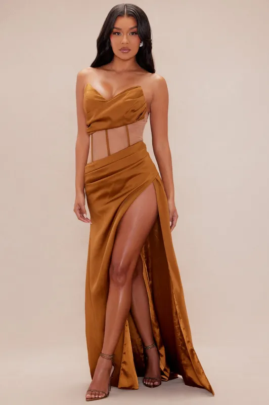 Gala Satin Corset Maxi Dress - Copper sold by Fashion Nova