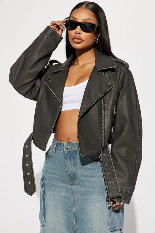 Roxi Washed Faux Leather Moto - Black sold by Fashion Nova