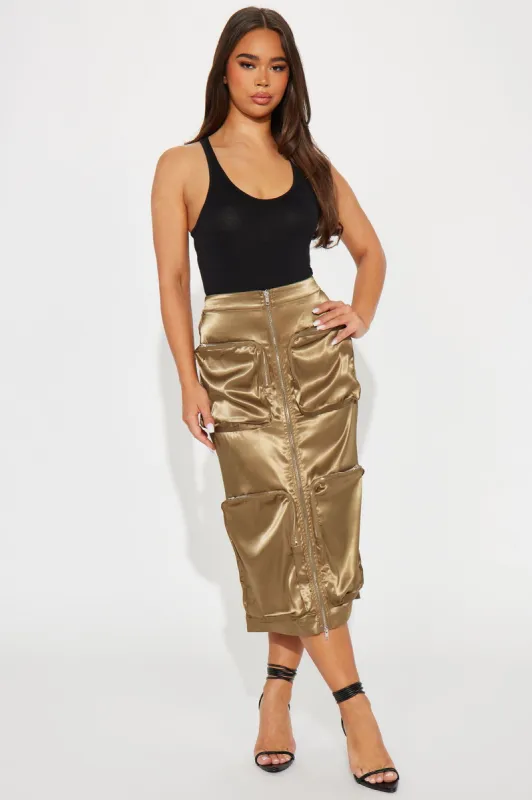 Bailey Satin Cargo Midi Skirt - Olive sold by Fashion Nova