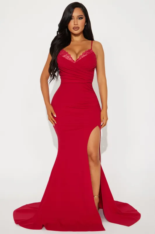 Olivia Lace Trim Gown - Red sold by Fashion Nova