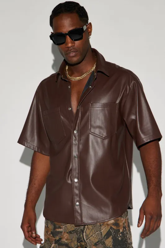 Work It Out Faux Leather Button Up Shirt - Dark Brown sold by Fashion Nova