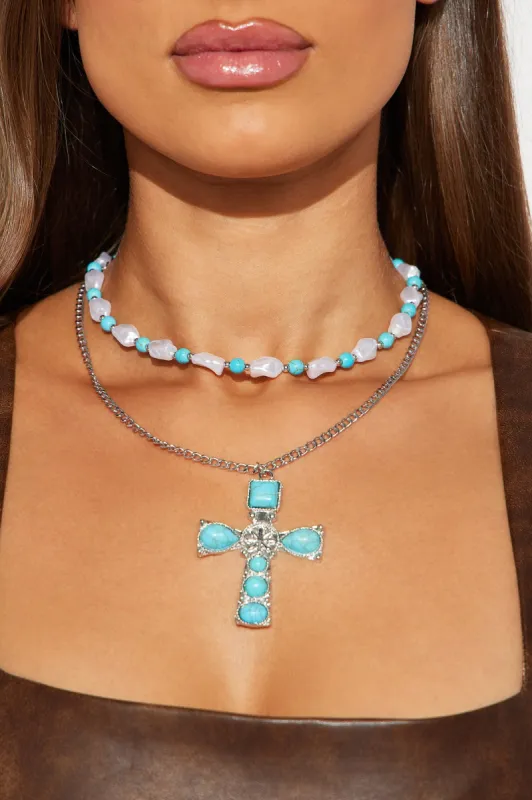 On My Side Necklace - Silver/Blue sold by Fashion Nova