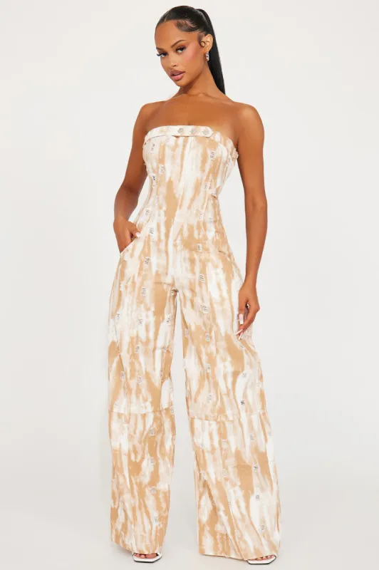 The Only Reason Denim Jumpsuit  - Tan sold by Fashion Nova