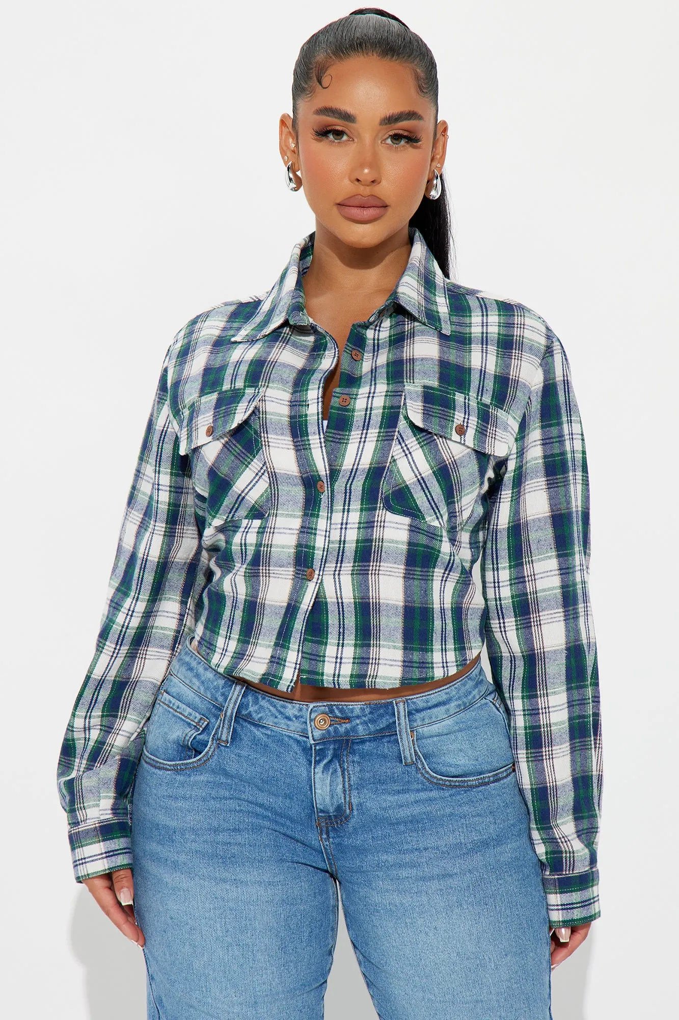 Get A Clue Cropped Plaid Shirt - Navy/combo sold by Fashion Nova product image thumbnail 3