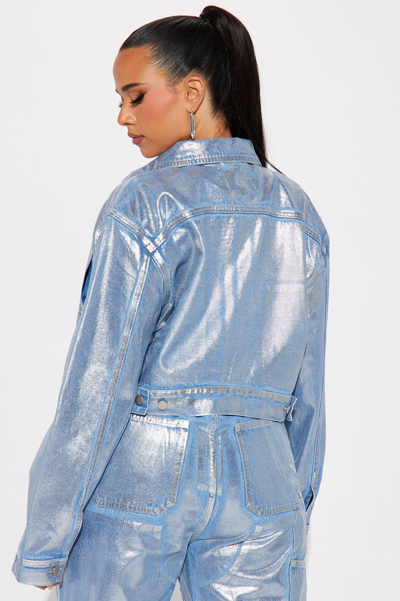 Big Time Magic Metallic Coated Denim Jacket - Light Wash sold by Fashion Nova product image thumbnail 6