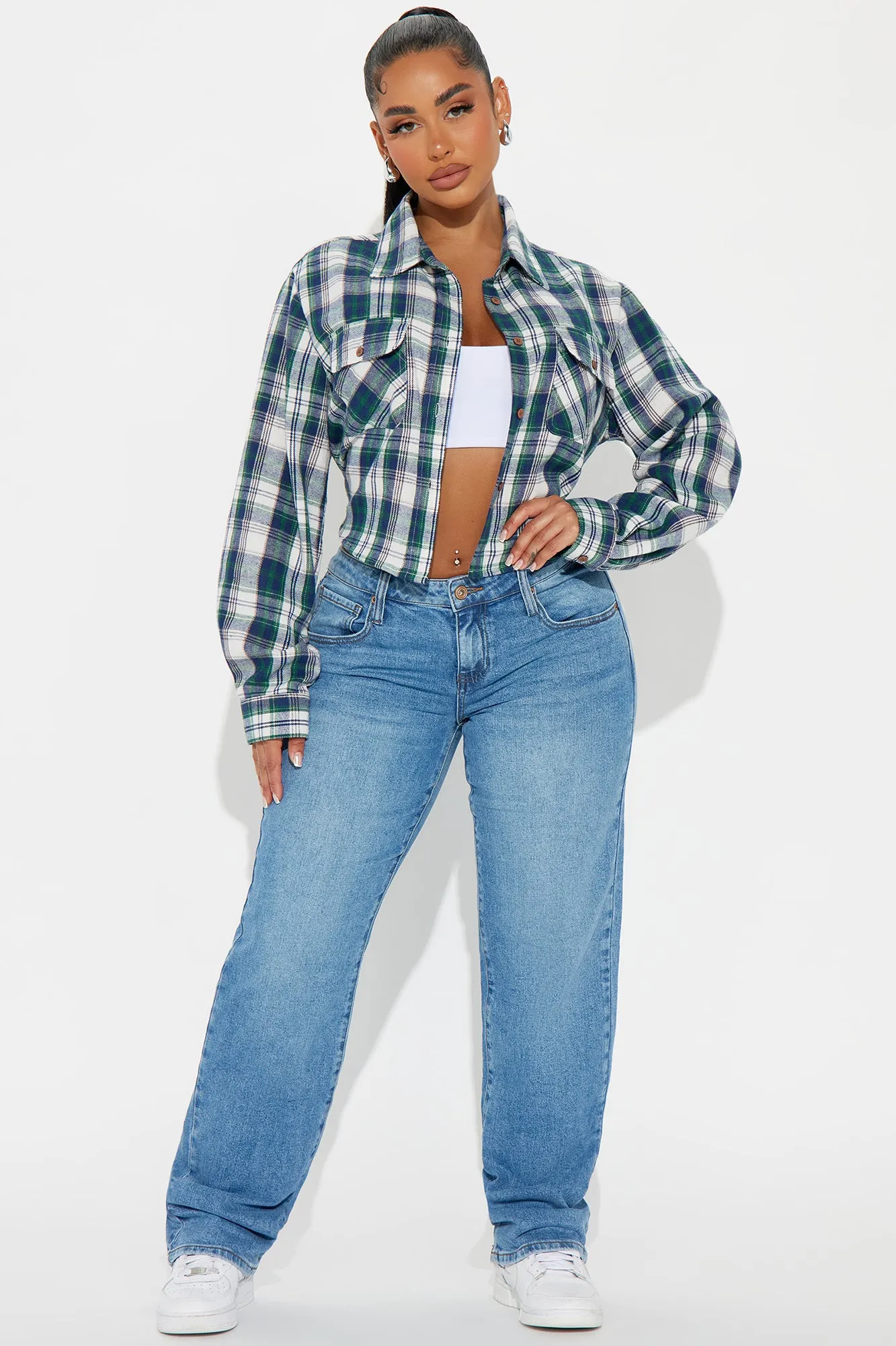 Get A Clue Cropped Plaid Shirt - Navy/combo sold by Fashion Nova product image thumbnail 2