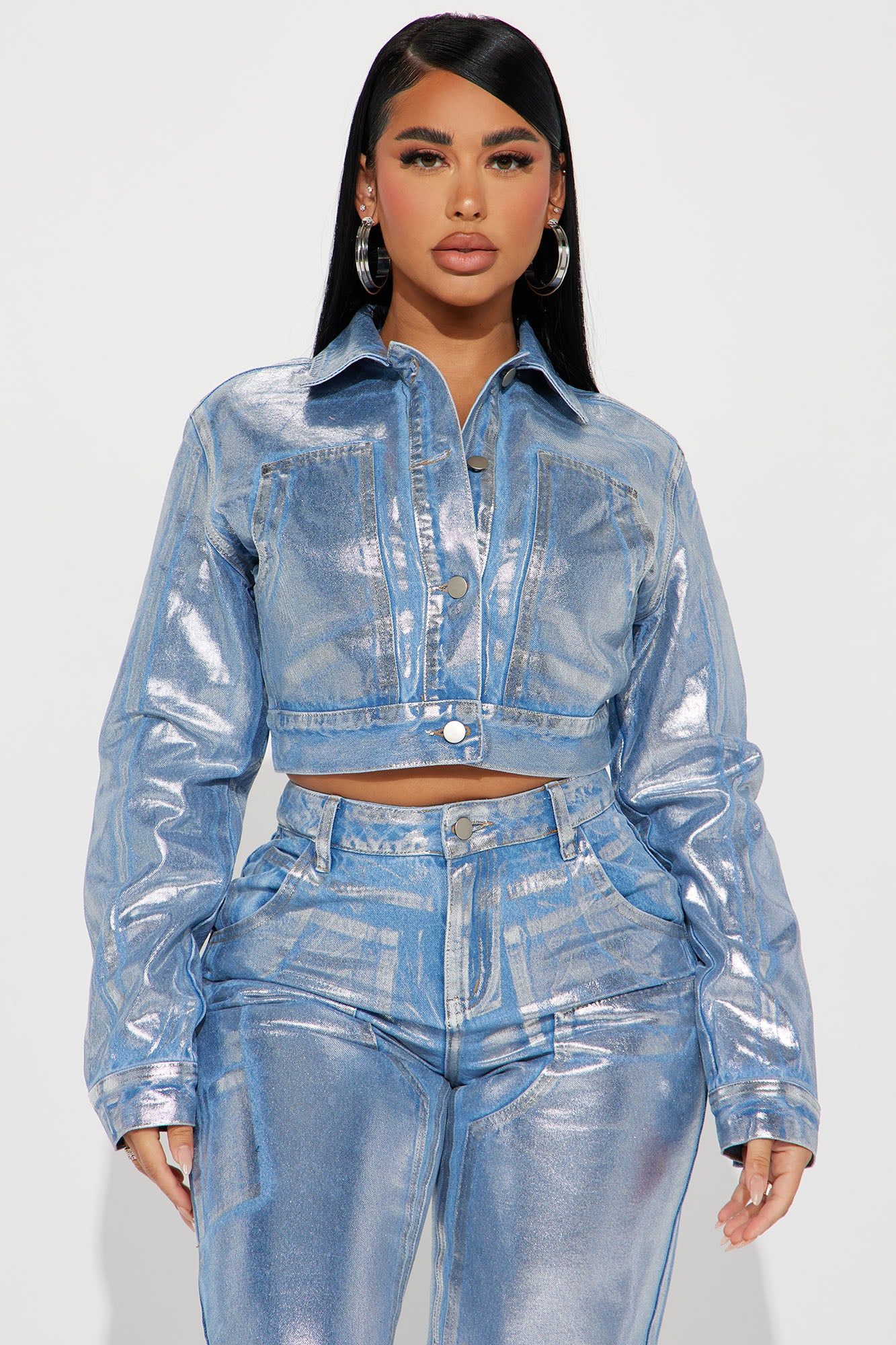 Big Time Magic Metallic Coated Denim Jacket - Light Wash sold by Fashion Nova