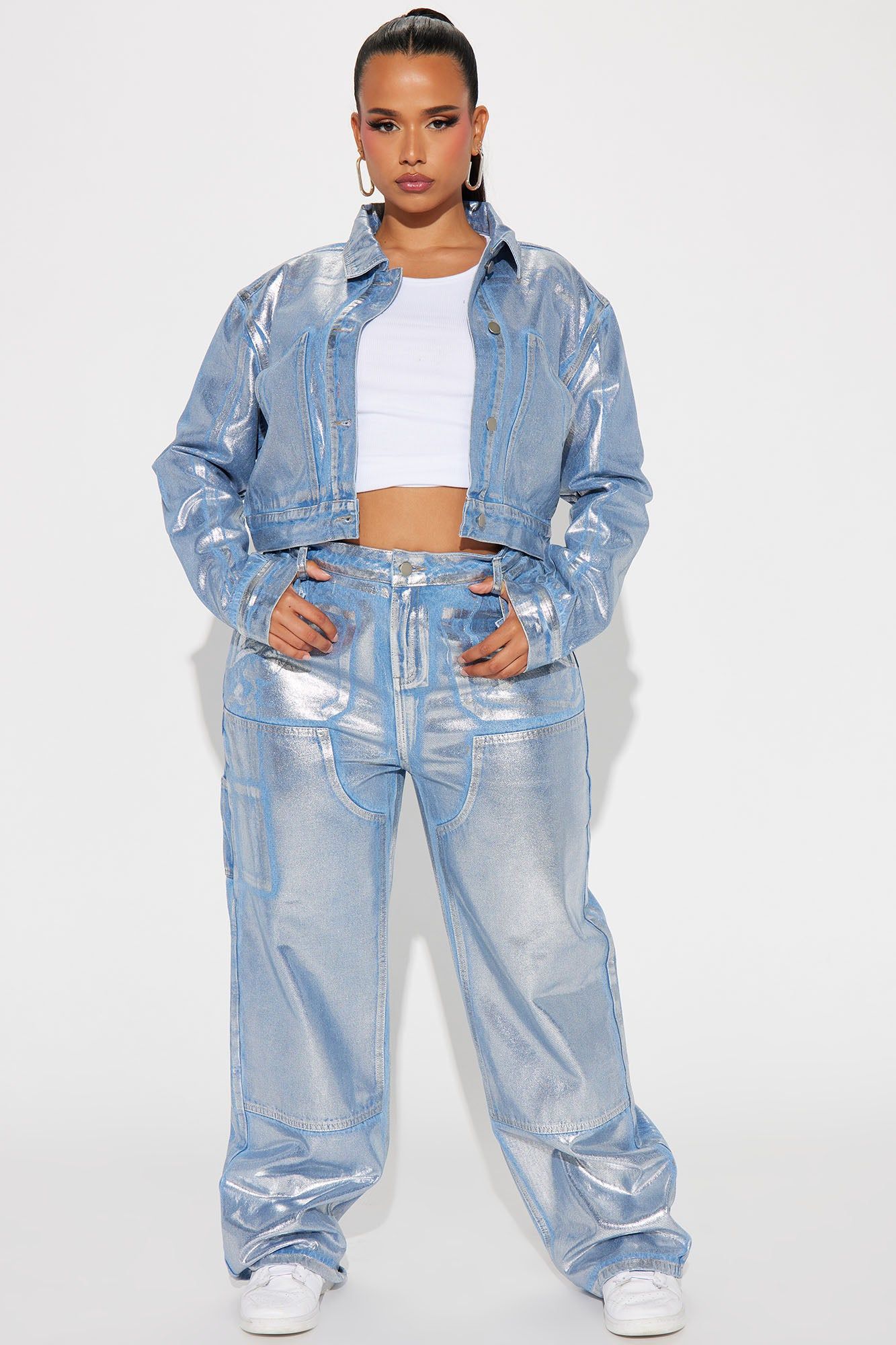 Big Time Magic Metallic Coated Denim Jacket - Light Wash sold by Fashion Nova product image thumbnail 5