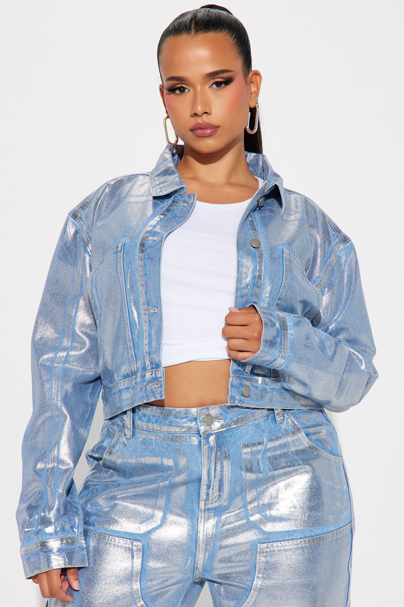 Big Time Magic Metallic Coated Denim Jacket - Light Wash sold by Fashion Nova product image thumbnail 4