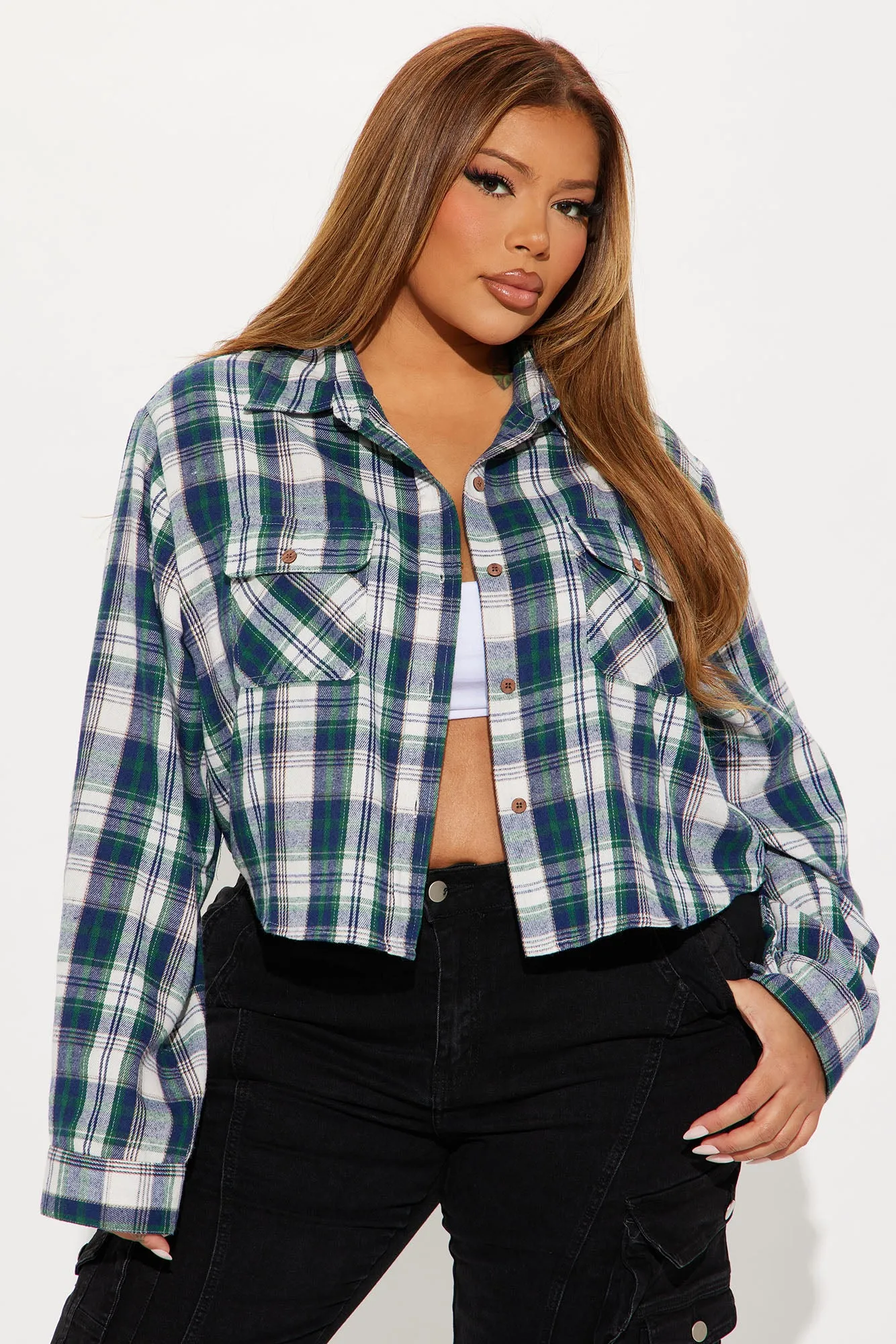 Get A Clue Cropped Plaid Shirt - Navy/combo sold by Fashion Nova product image thumbnail 5