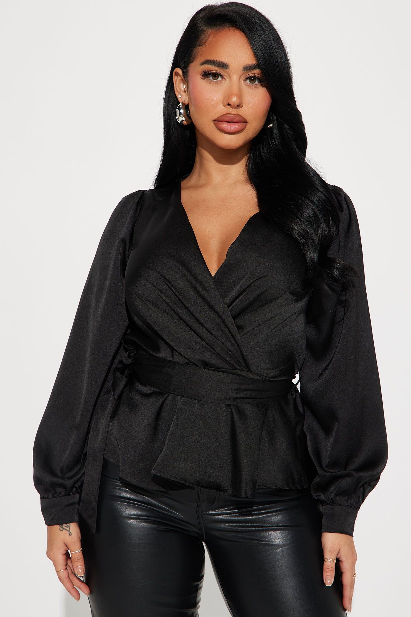 Lydia Satin Blouse Top - Black sold by Fashion Nova