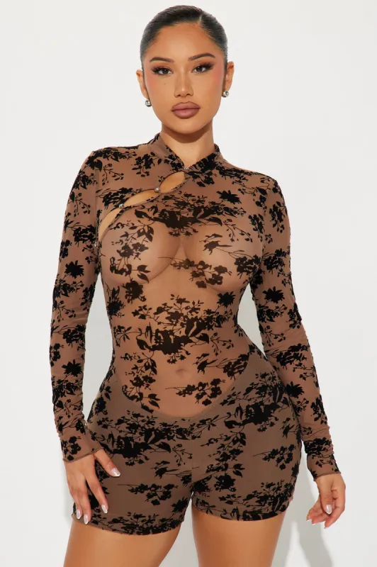 Raelynn Mesh Romper - Brown/combo sold by Fashion Nova