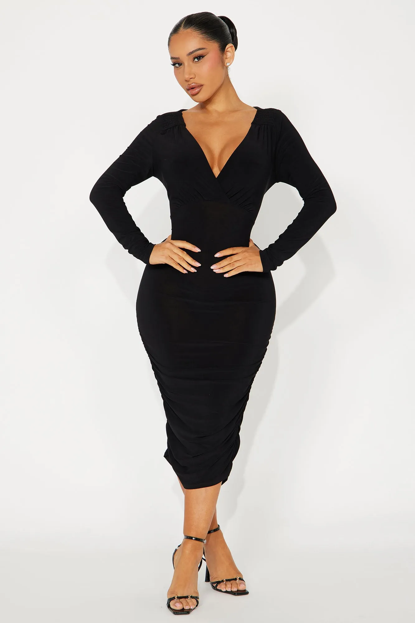 Hannah Long Sleeve Midi Dress - Black sold by Fashion Nova