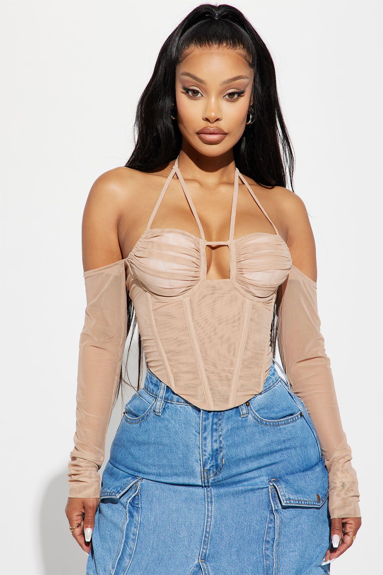 Madison Mesh Corset Top - Taupe sold by Fashion Nova