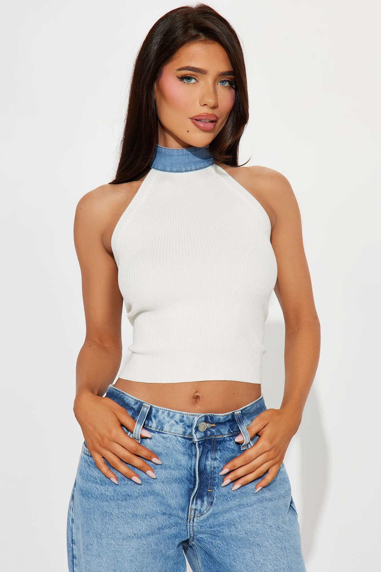 Delaney Denim Halter Sweater Top - Ivory/combo sold by Fashion Nova