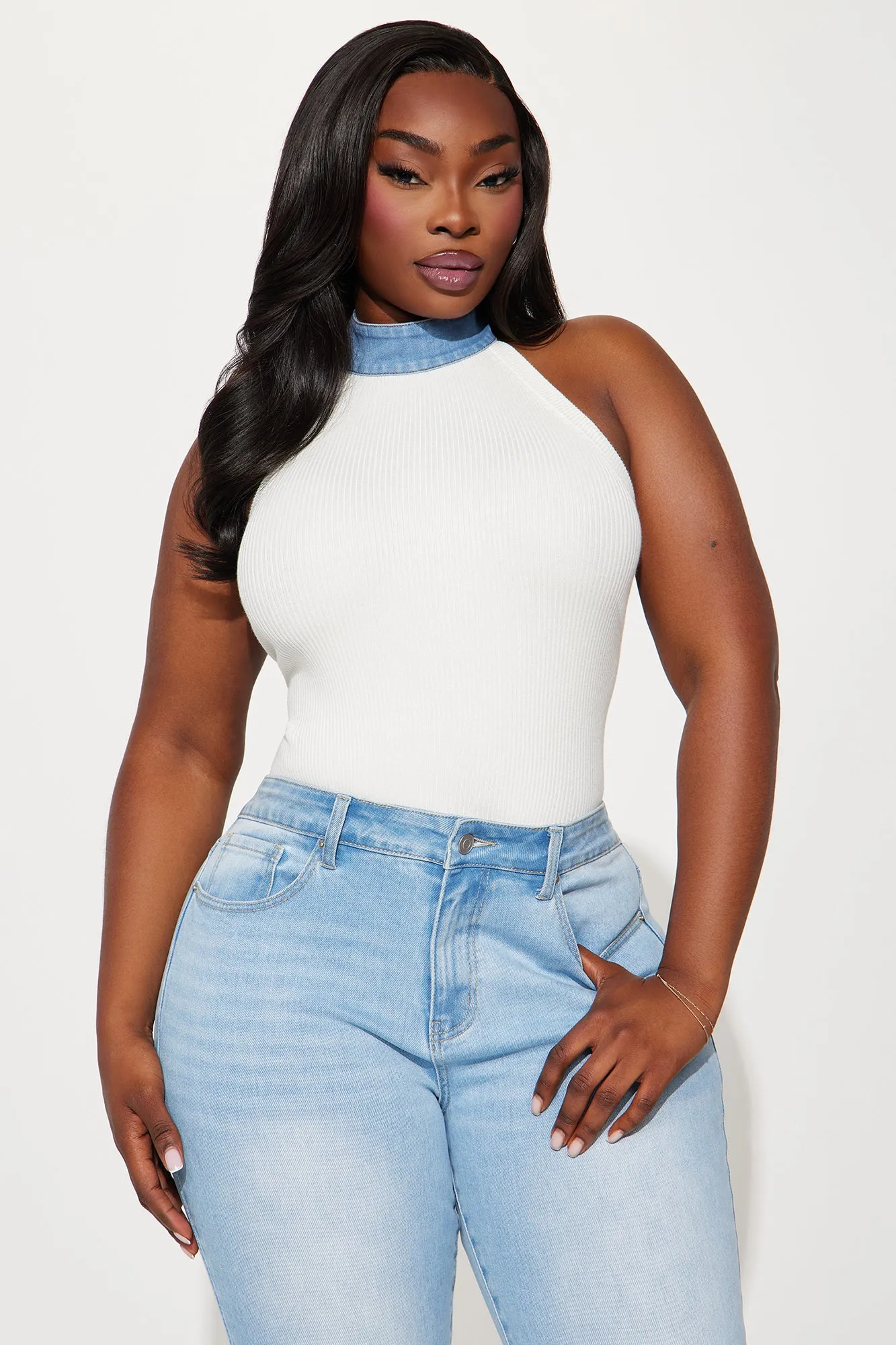 Delaney Denim Halter Sweater Top - Ivory/combo sold by Fashion Nova product image thumbnail 5