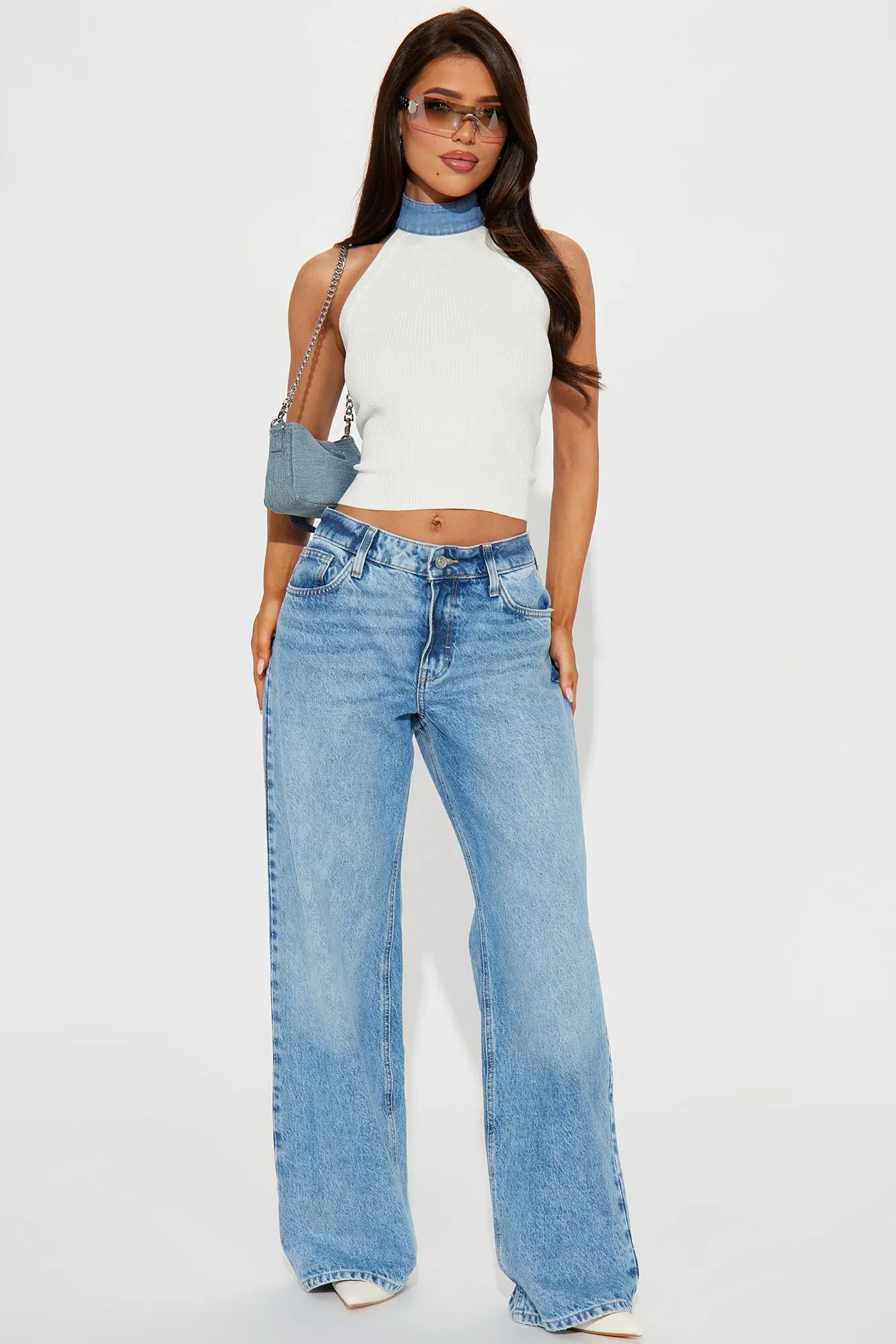 Delaney Denim Halter Sweater Top - Ivory/combo sold by Fashion Nova product image thumbnail 2