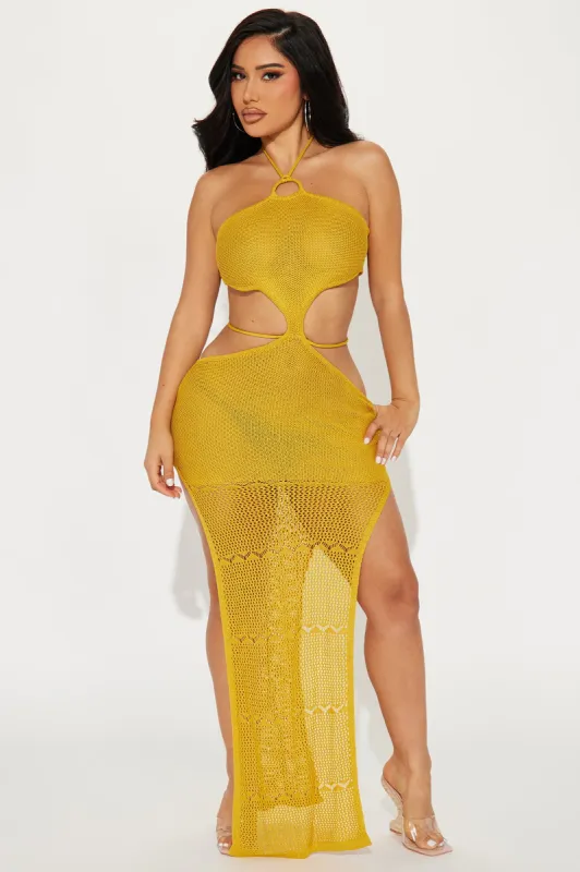 Sunsets In Costa Rica Crochet Maxi Dress - Mustard sold by Fashion Nova