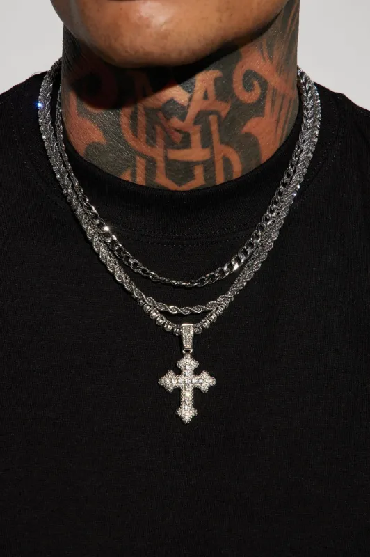 Iced Out Cross Out 3 Piece Chain Necklace - Silver sold by Fashion Nova