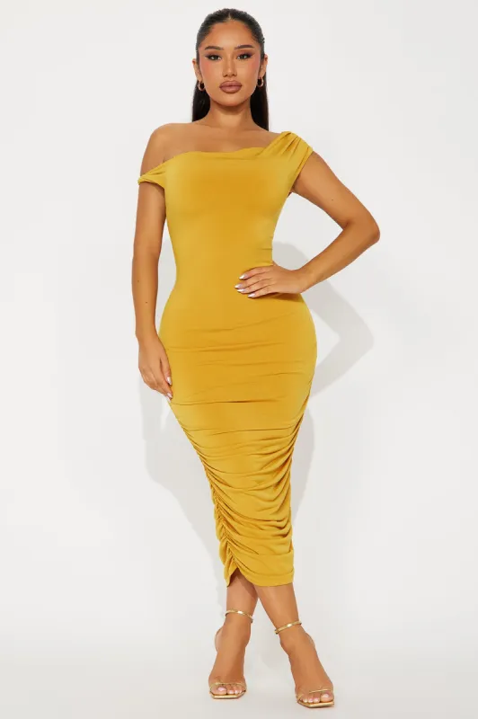 Blind Date One Shoulder Midi Dress - Mustard sold by Fashion Nova