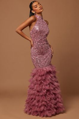 Ellie Embellished Feathered Gown - Mauve made by Fashion Nova