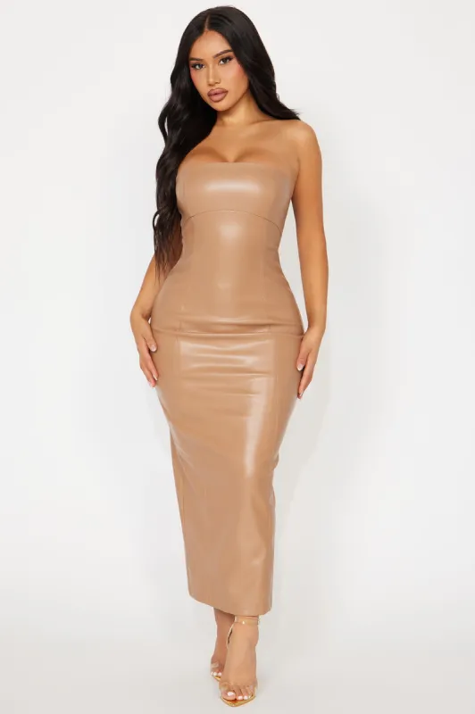 Call Me Faux Leather Midi Dress - Taupe sold by Fashion Nova