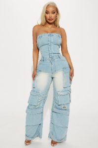Keep Up Denim Jumpsuit - Light Wash sold by Fashion Nova