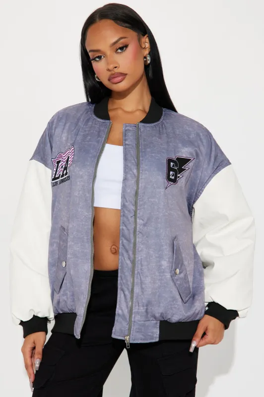 Los Angeles Vibe Oversized Bomber Jacket - Grey/combo sold by Fashion Nova